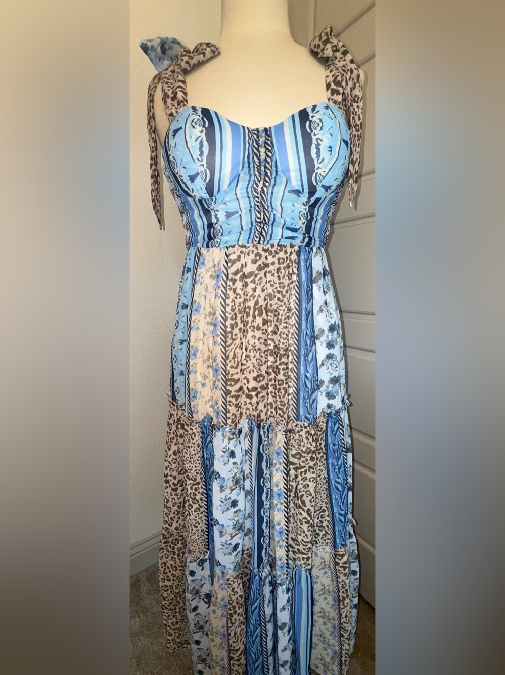 Striped & Leopard Mix Maxi Dress - Light Blue & Beige